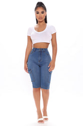 On A New Level Cargo Denim Shorts - Medium Blue Wash Sai Feel